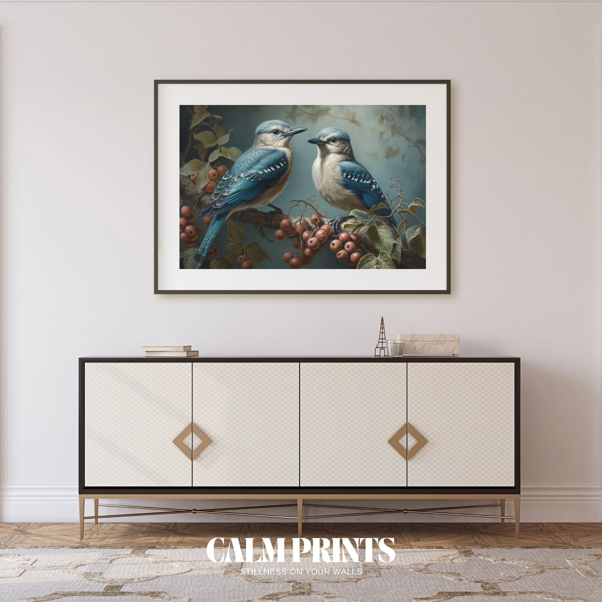 Artwork featuring blue jays resting on branches dotted with winter berries
