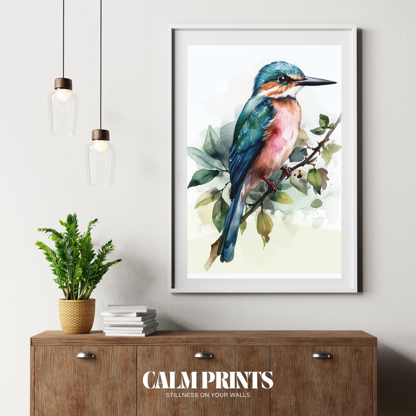 Wall art of a kingfisher in bright blue and orange watercolour tones

