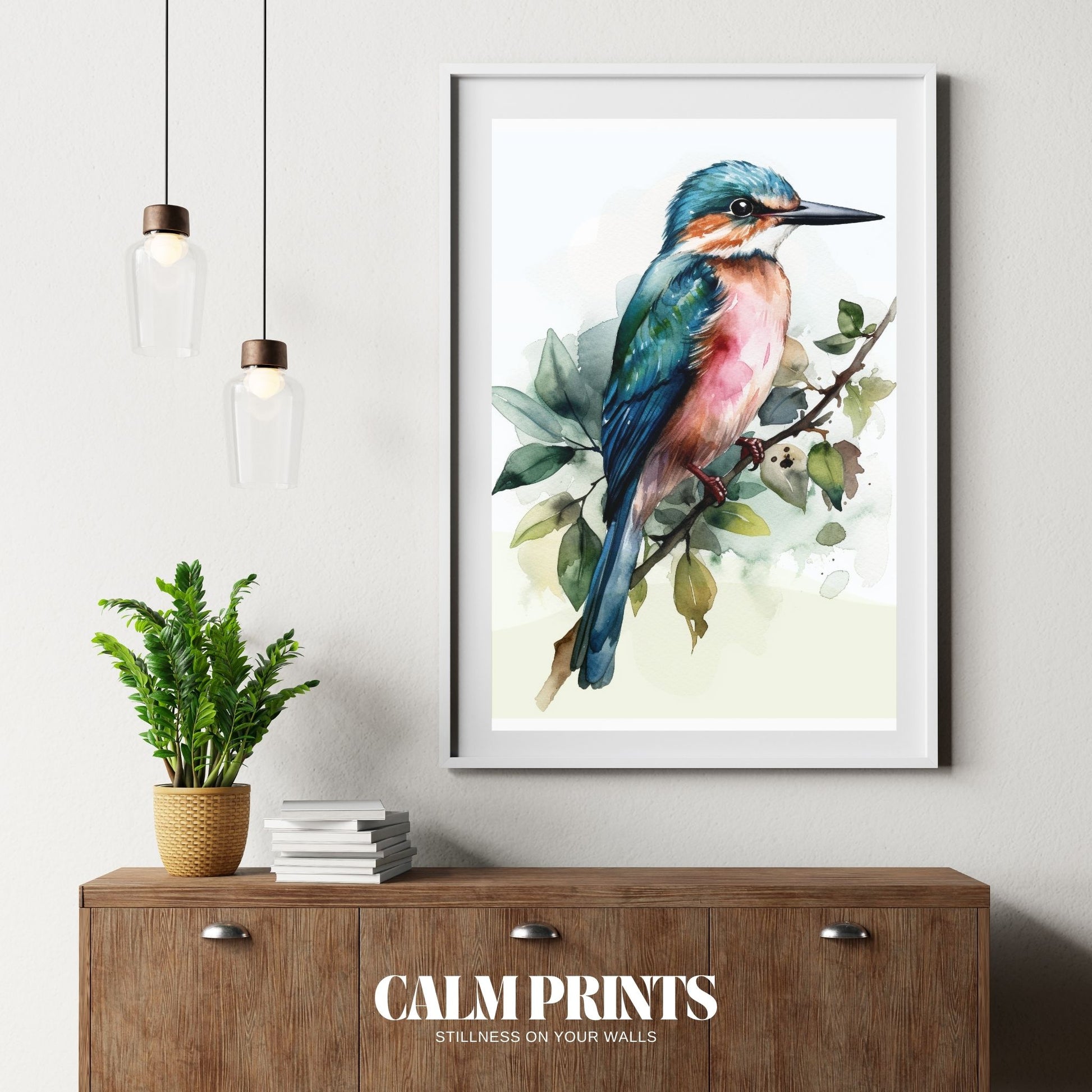 Wall art of a kingfisher in bright blue and orange watercolour tones
