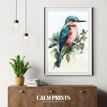 Wall art of a kingfisher in bright blue and orange watercolour tones
