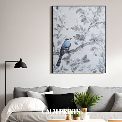 A sweet bluebird hidden among leaves in a peaceful woodland scene
