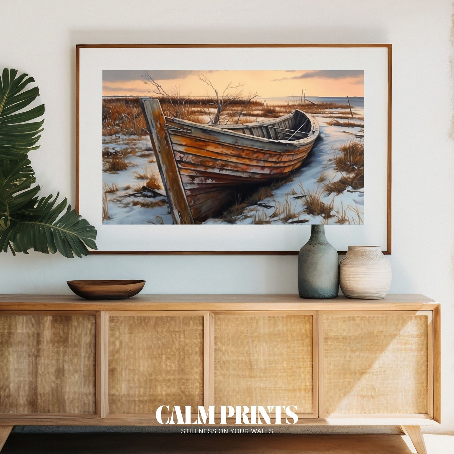 Scenic print of a boat wreck on the beach with rustic textures