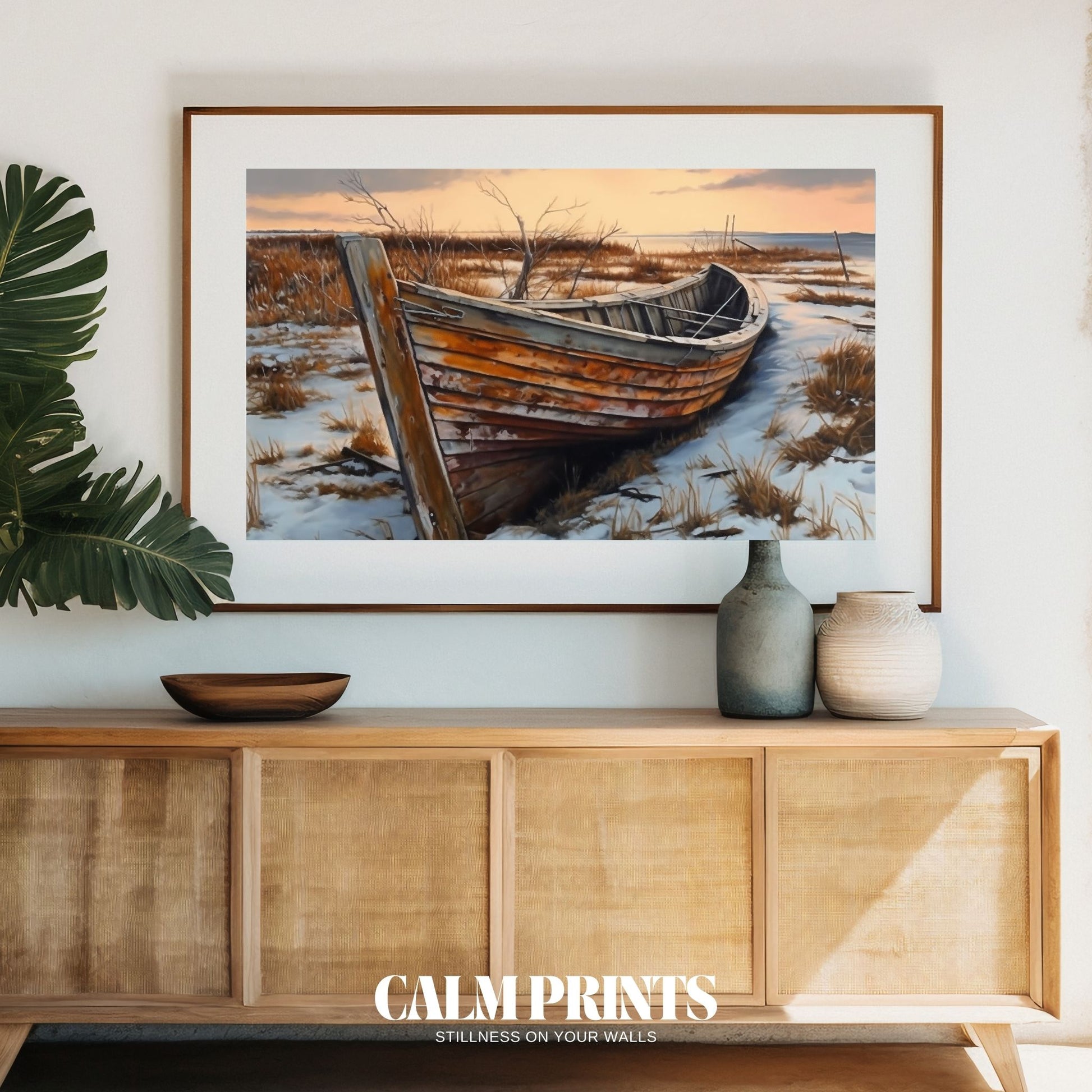 Scenic print of a boat wreck on the beach with rustic textures