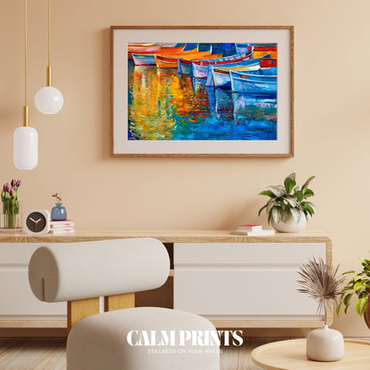 Art print of boats resting on water, with reflections in soft, clear tones
