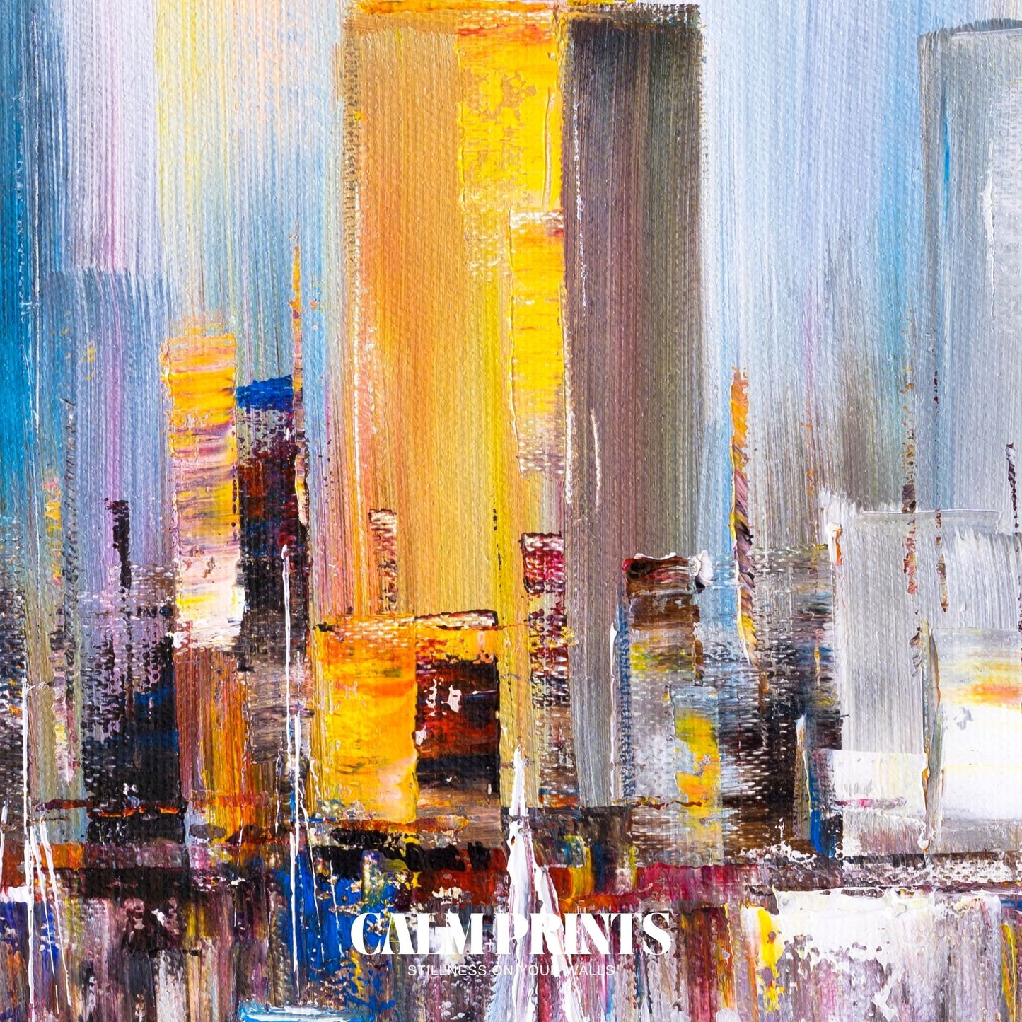 Abstract poster of city reflections with small boats in the foreground