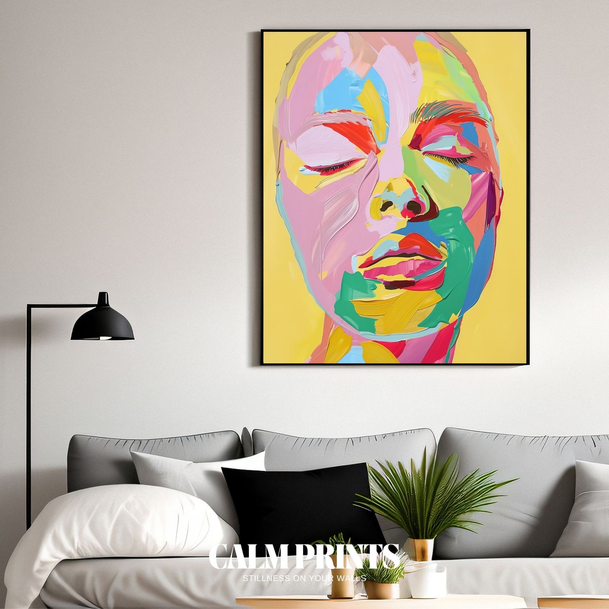 Bold facial features drawn with expressive lines and blocks of colour
