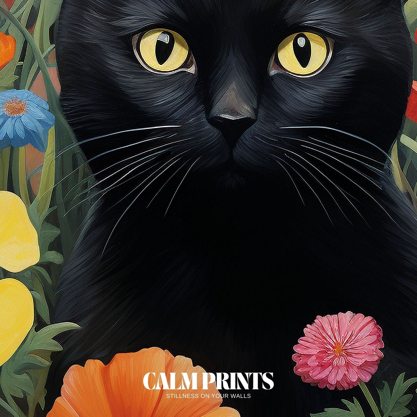 Artwork of a bold black cat in a sea of vivid, joyful flowers