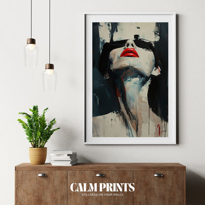 Artistic abstract portrait with bold red lips and minimalist lines