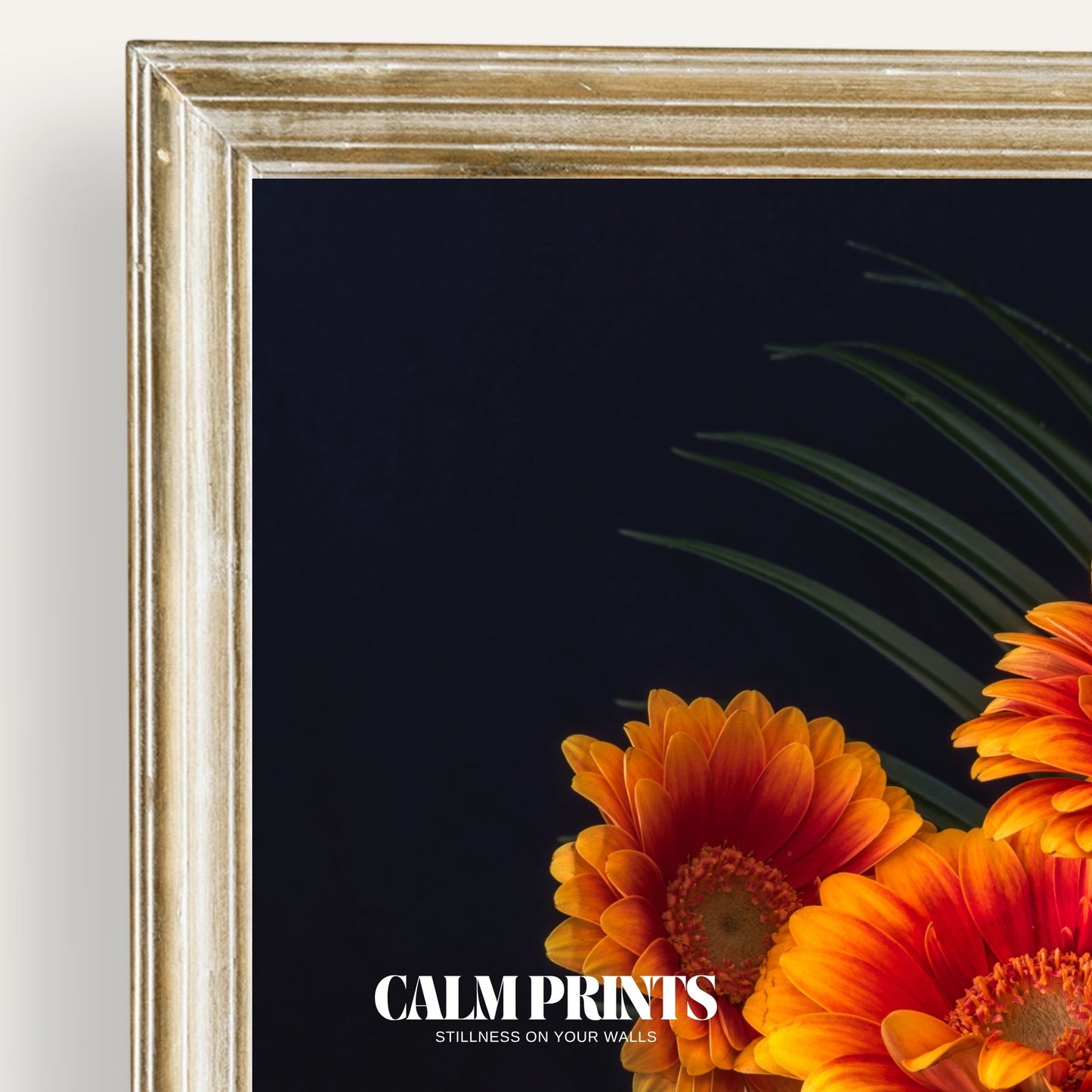 Art print of bold orange blooms standing out against a deep background
