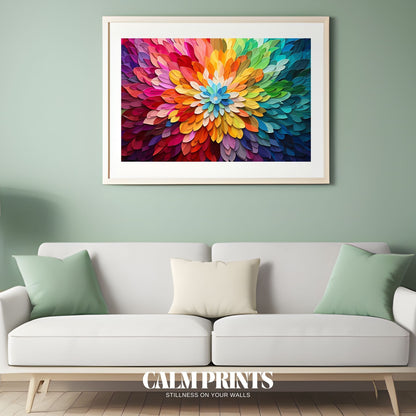 Bold artwork showing petals in motion with expressive colour flow
