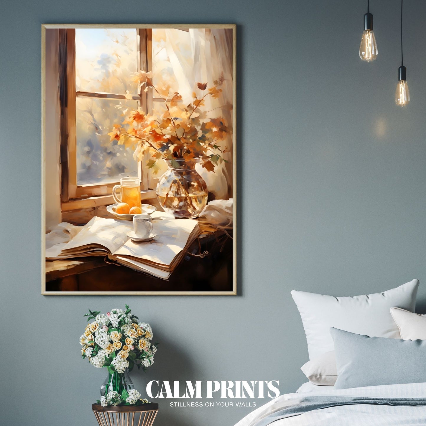 Print of a book lover’s perfect autumn day with window light and a cup of tea

