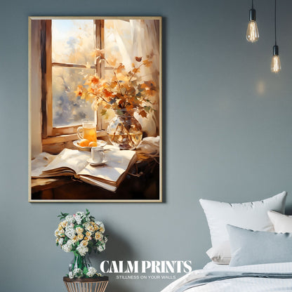 Print of a book lover’s perfect autumn day with window light and a cup of tea
