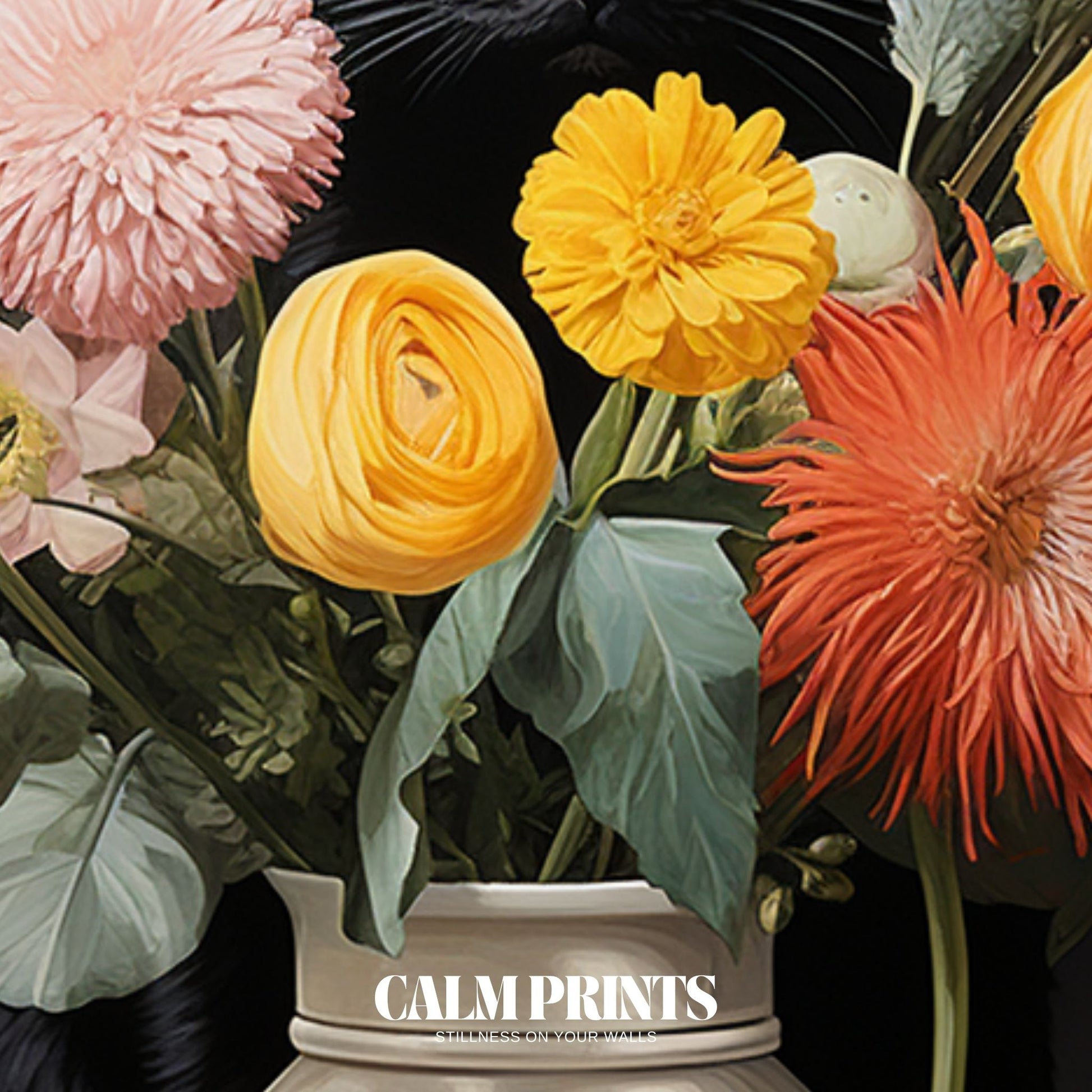 Botanical-style poster featuring a black cat and pastel floral bouquet
