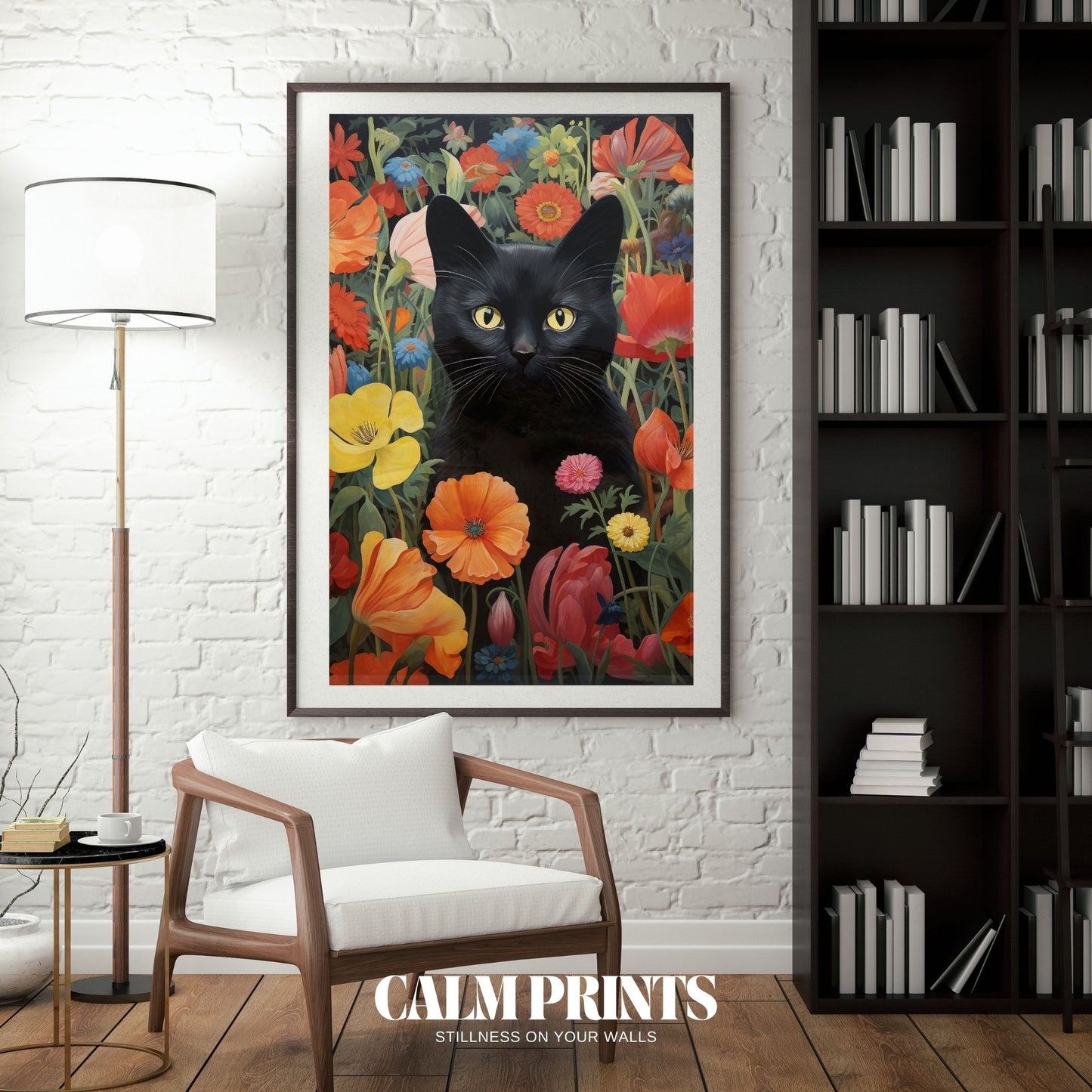 Botanical print of a black cat among rich, vibrant floral arrangements