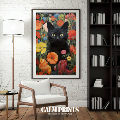 Botanical print of a black cat among rich, vibrant floral arrangements