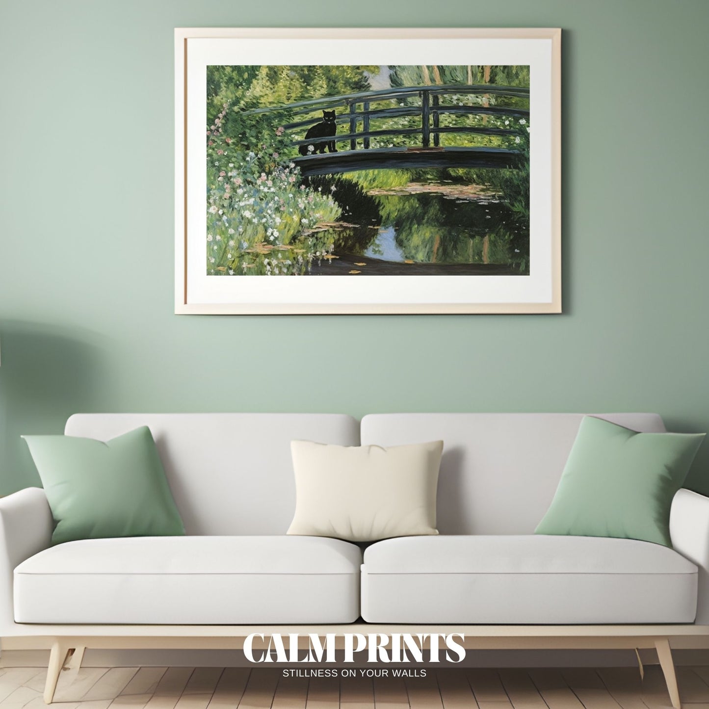 Poster of a cat strolling across a garden walkway surrounded by plants
