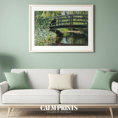 Poster of a cat strolling across a garden walkway surrounded by plants
