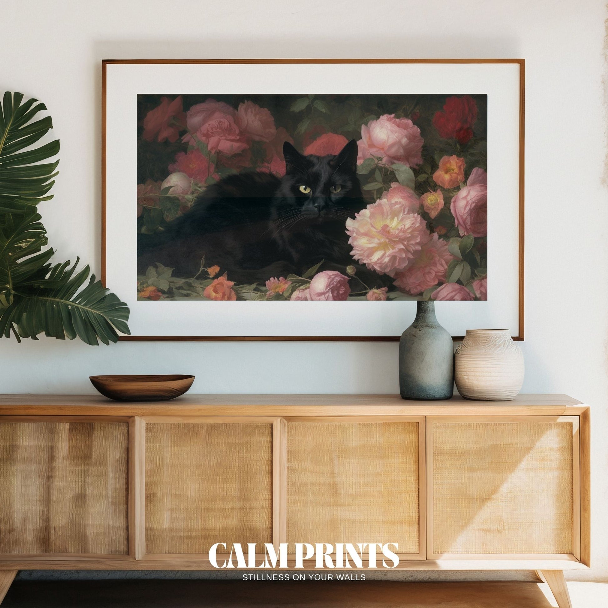 Botanical haven with a black cat exploring a world of floral wonder