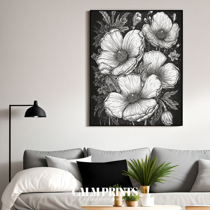 Botanical ink sketch of flowers in classic black and white style