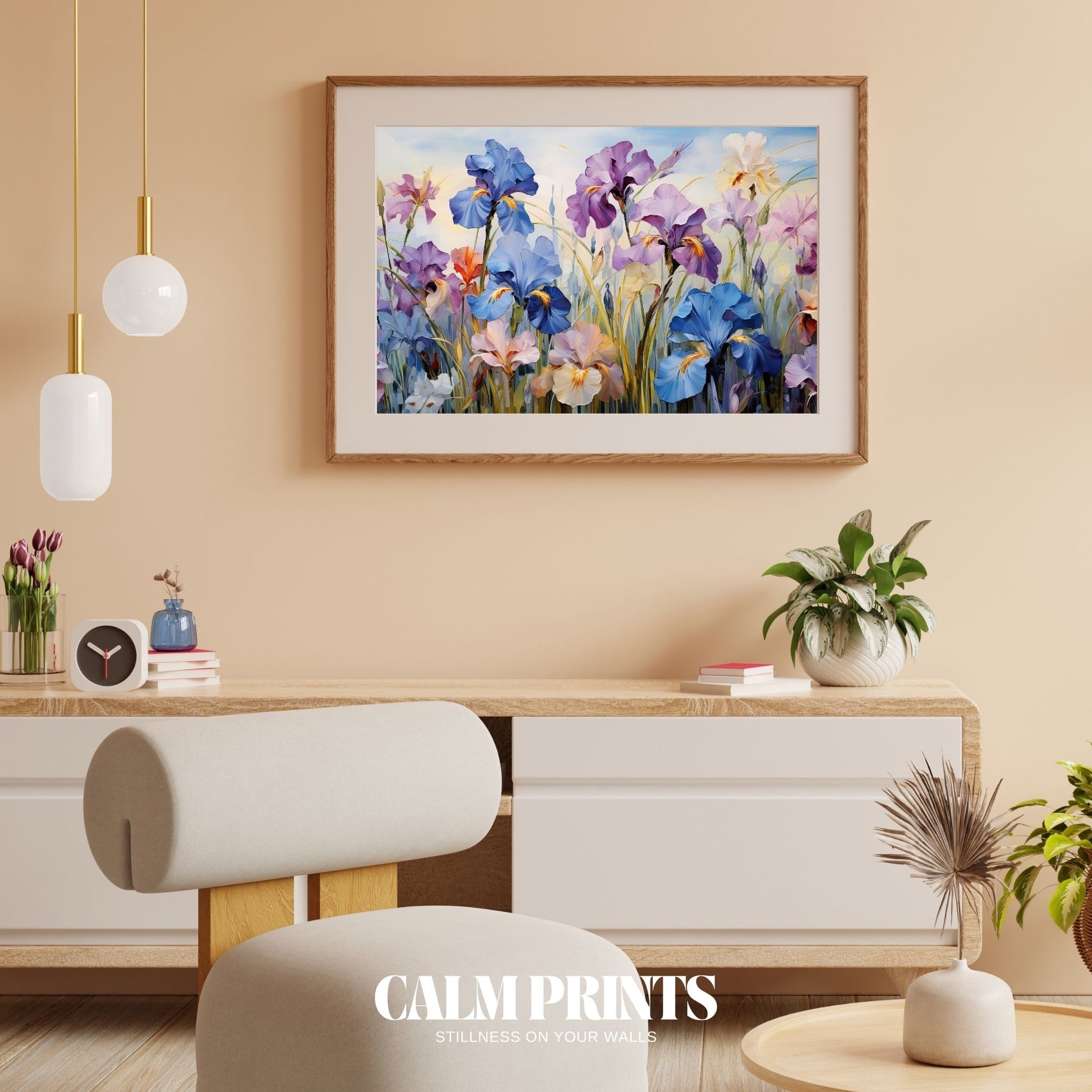 Botanical-style print of an iris-filled field under a clear spring sky
