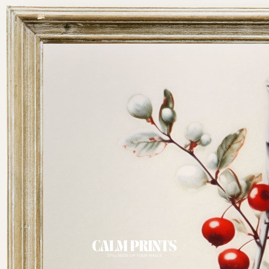 Botanical artwork featuring red berries on a fine branch with gentle tones
