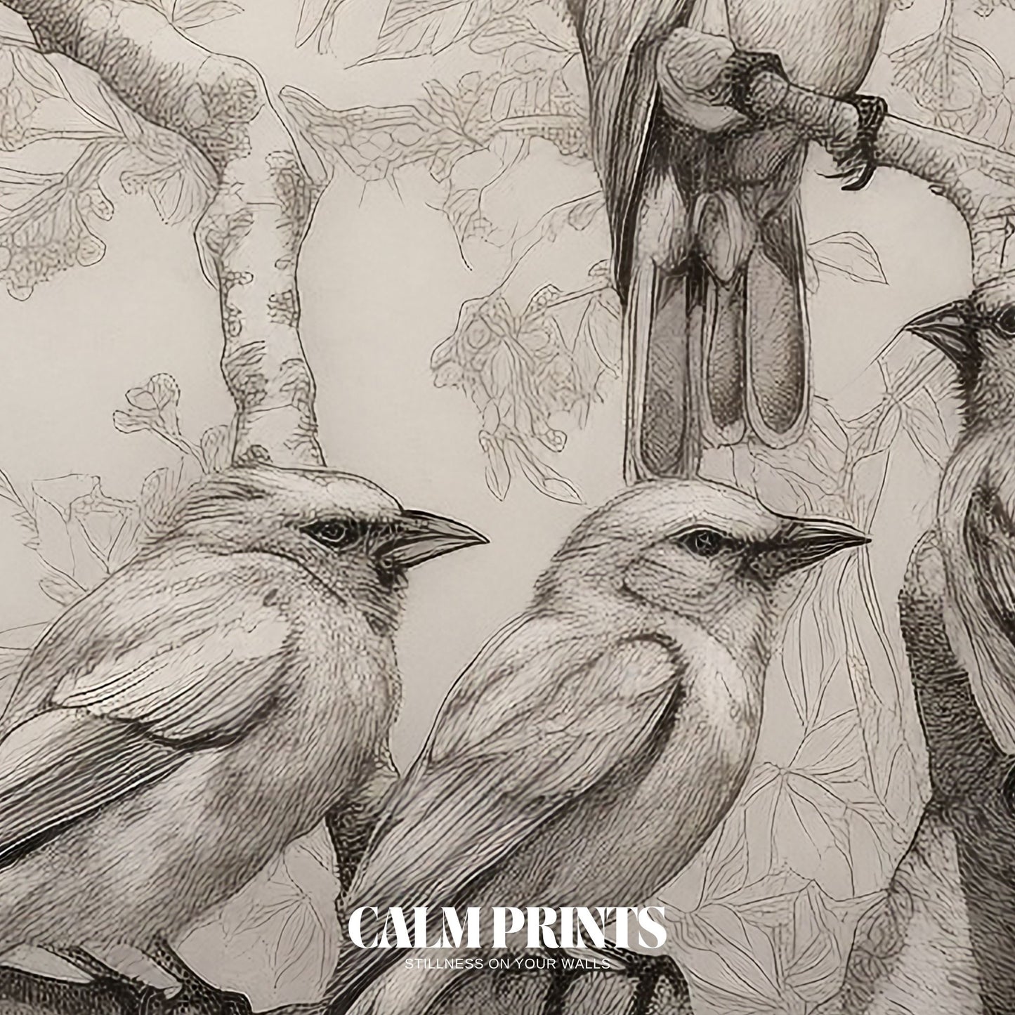 Art print of resting birds captured in a peaceful tree sketch