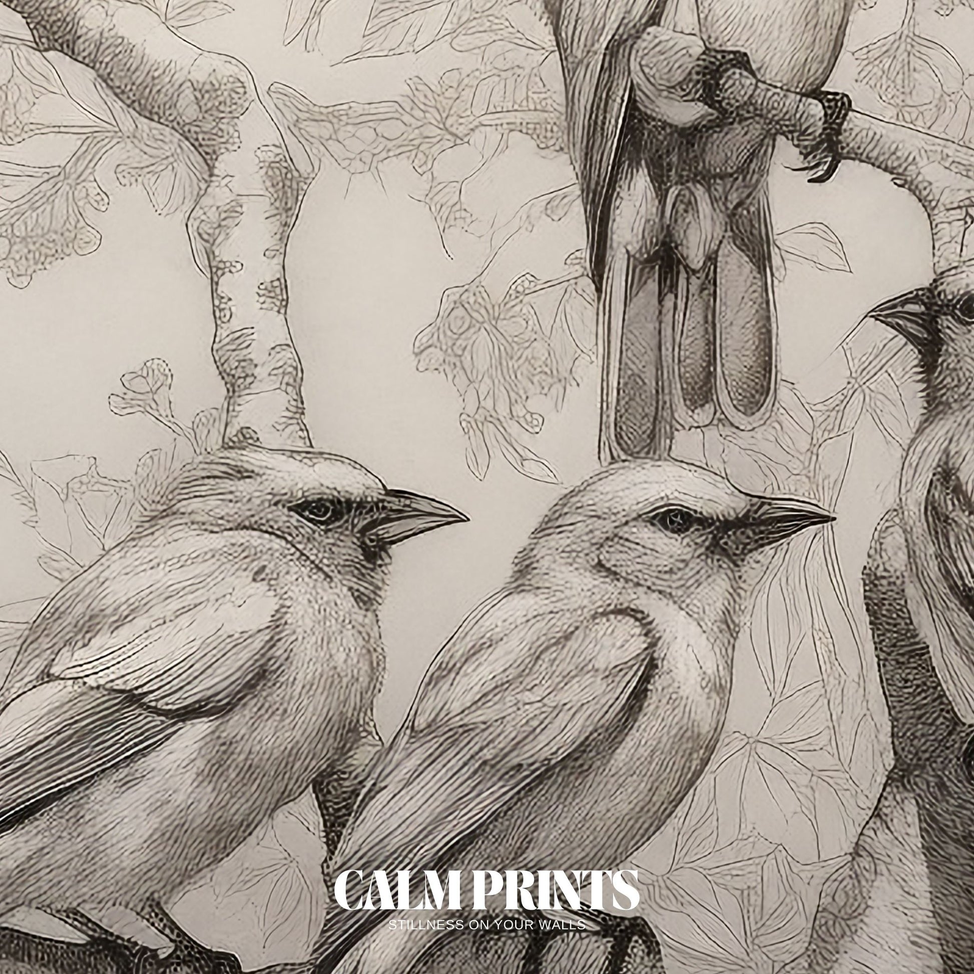 Art print of resting birds captured in a peaceful tree sketch