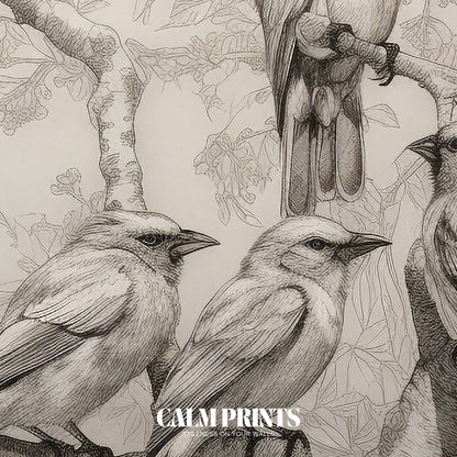 Art print of resting birds captured in a peaceful tree sketch
