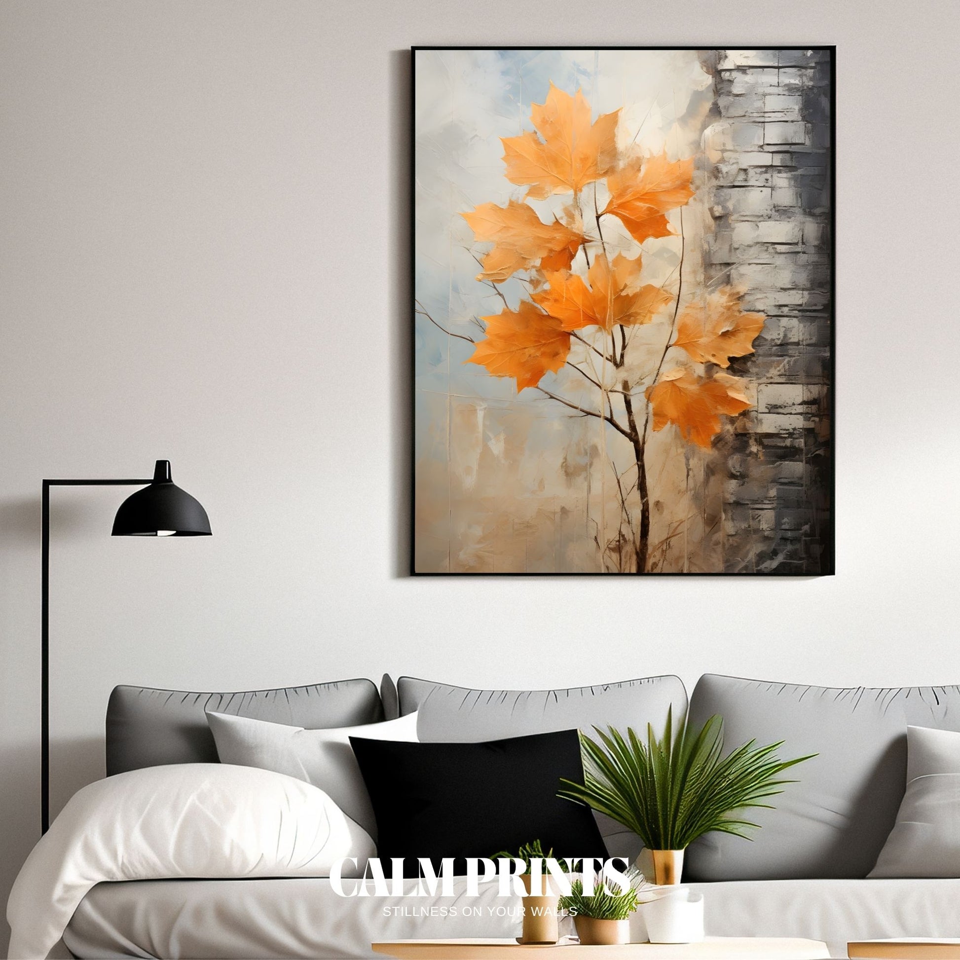 Art print of textured brick with vivid autumn leaves clinging gently