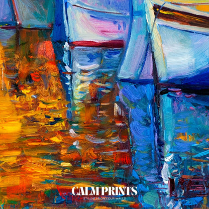 Artwork of bright boats mirrored perfectly in peaceful harbour waters
