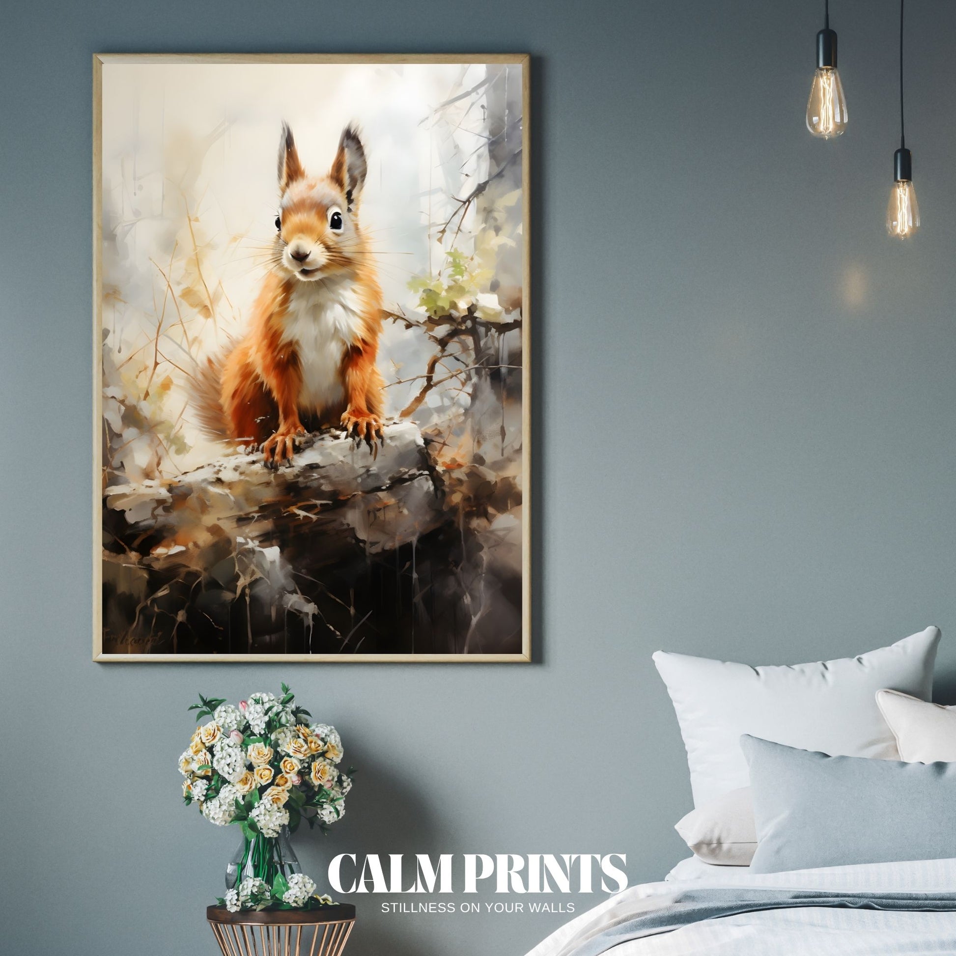 Bright-eyed squirrel on a tree trunk during the colourful fall season
