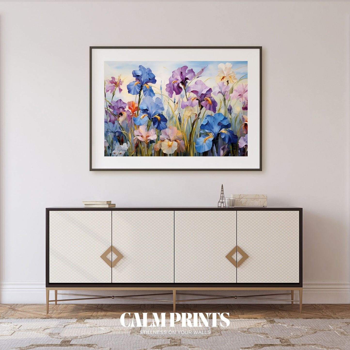 Poster of a bright garden landscape filled with vivid iris flowers
