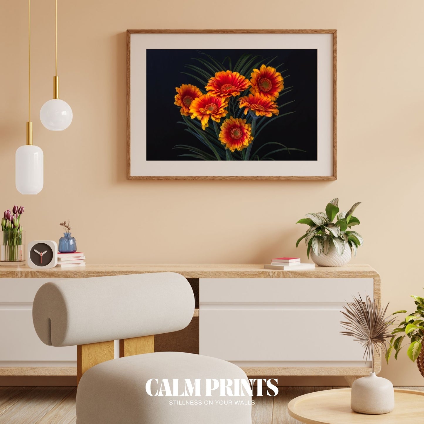 Bright orange flowers highlighted against a dark, elegant tone
