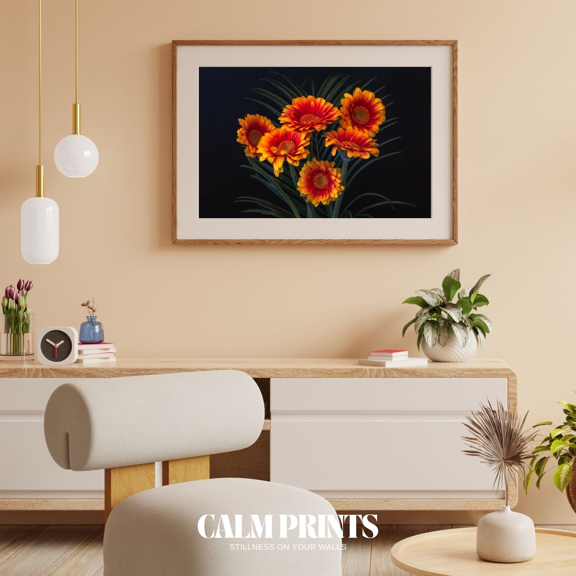 Bright orange flowers highlighted against a dark, elegant tone
