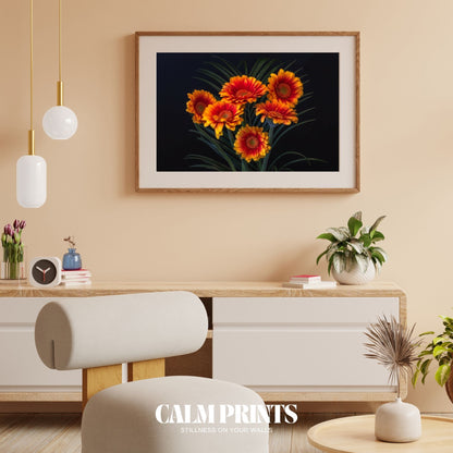 Bright orange flowers highlighted against a dark, elegant tone
