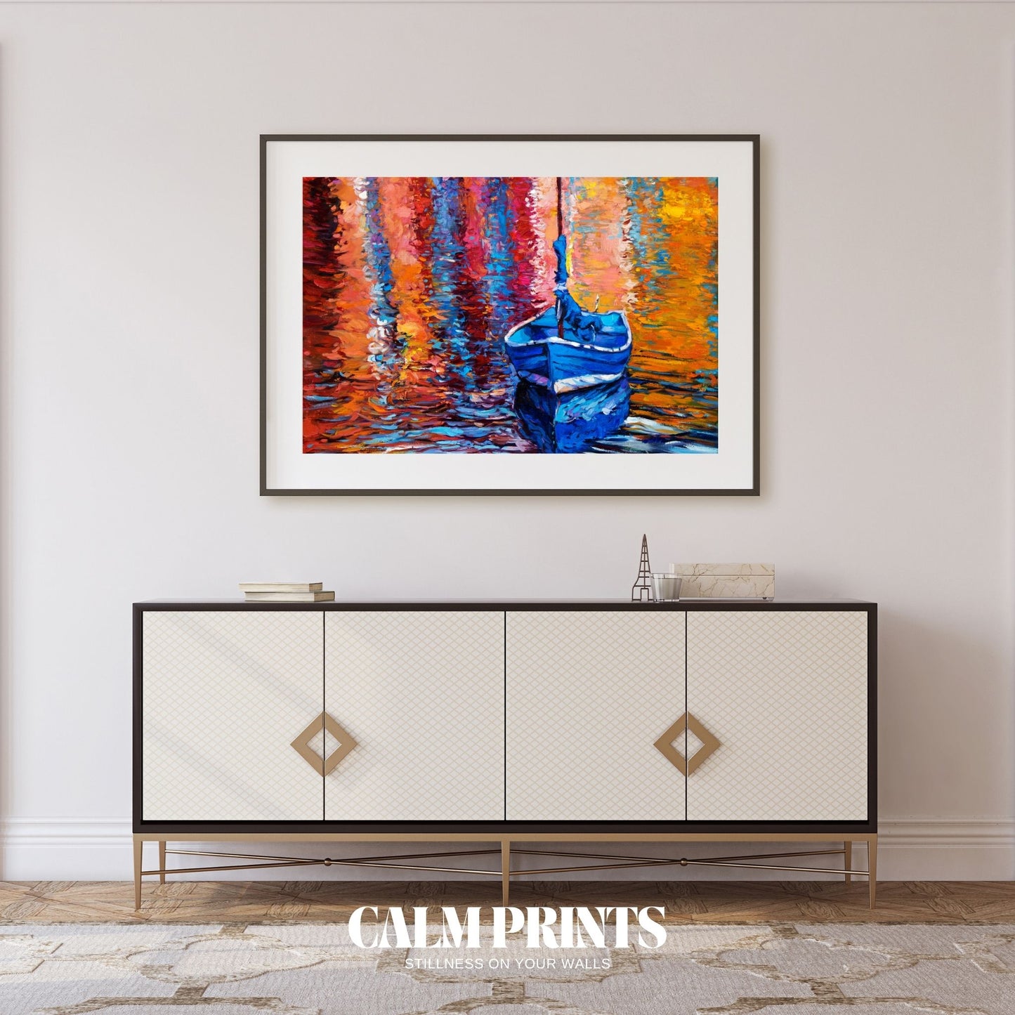 Print of a lake view with bright natural reflections on tranquil water
