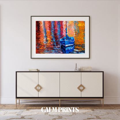 Print of a lake view with bright natural reflections on tranquil water
