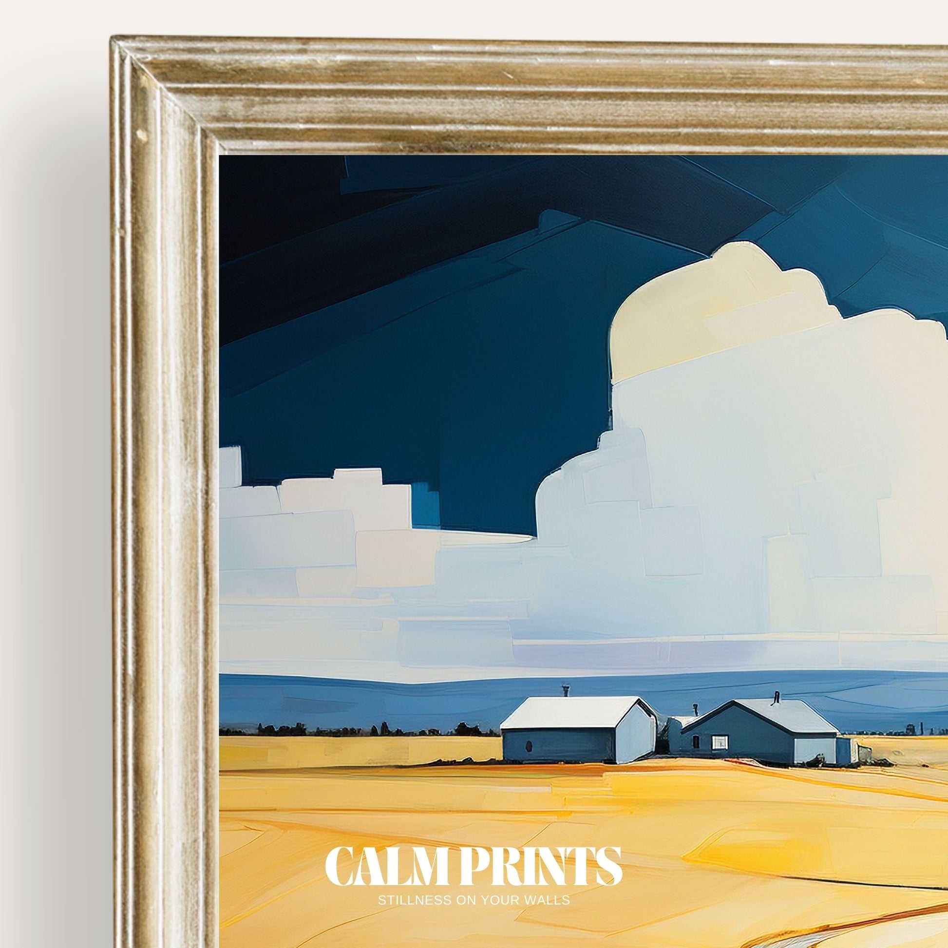 Print of a bright rural scene with colourful fields and peaceful farmland
