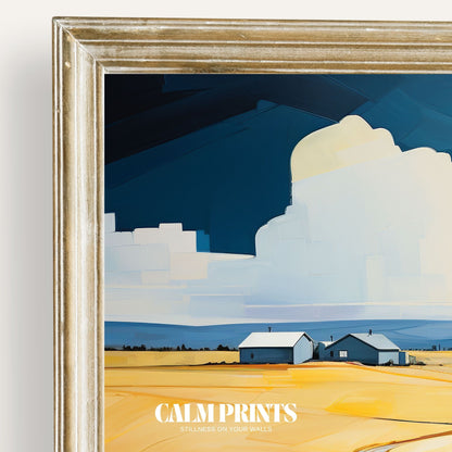 Print of a bright rural scene with colourful fields and peaceful farmland
