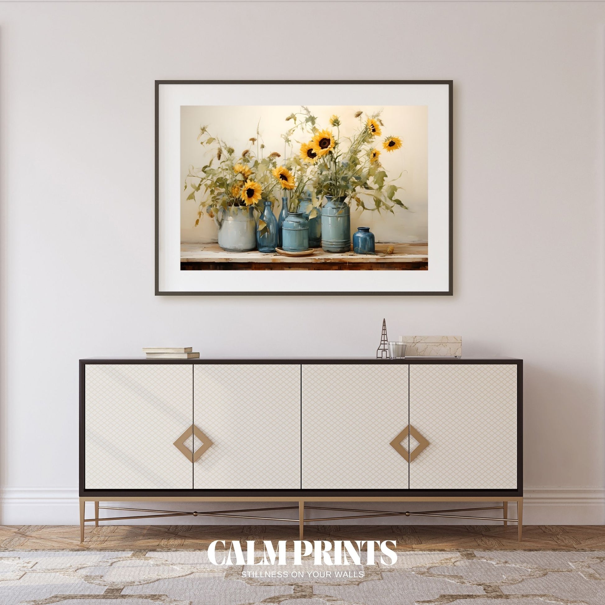 Bright yellow sunflowers displayed in richly coloured blue vessels
