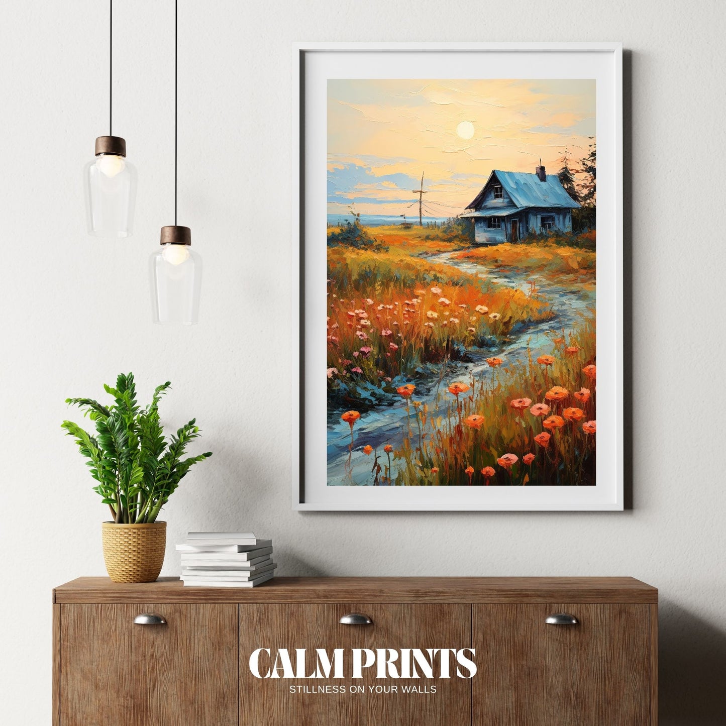 Cabin nestled in golden autumn fields under crisp seasonal skies