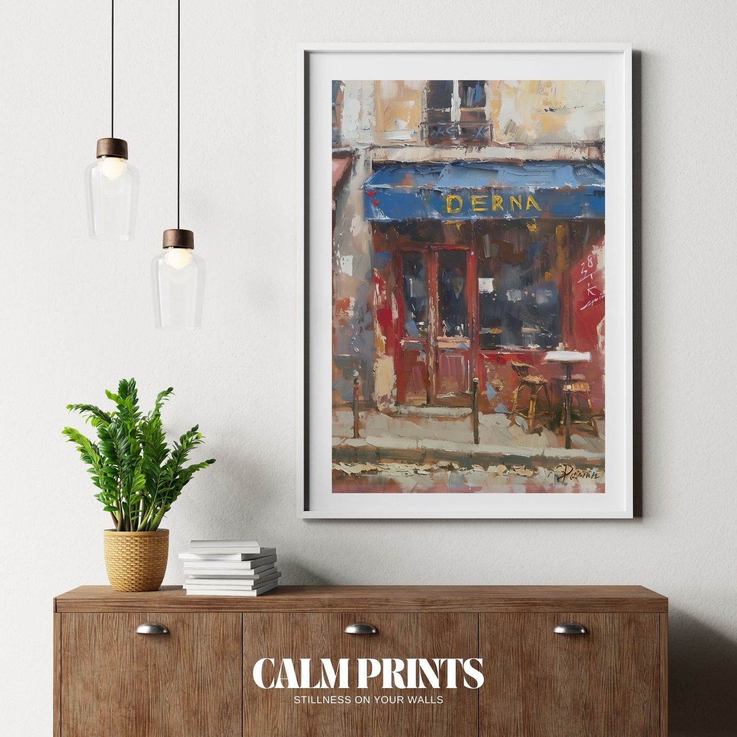 Charming view through a café window with soft colours and gentle light
