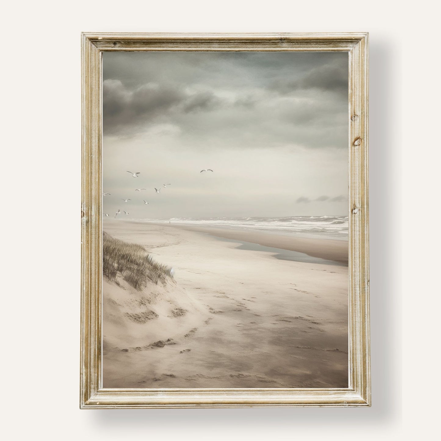 Tranquil beach scene with soaring seagulls under a soft coastal sky
