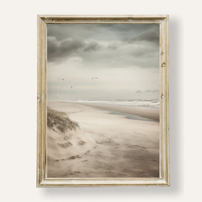 Tranquil beach scene with soaring seagulls under a soft coastal sky
