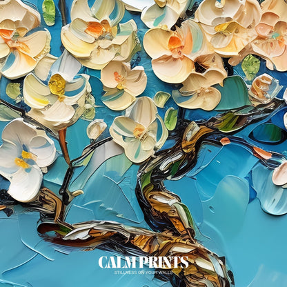 Calm and graceful painting of a tree blossoming in blue serenity
