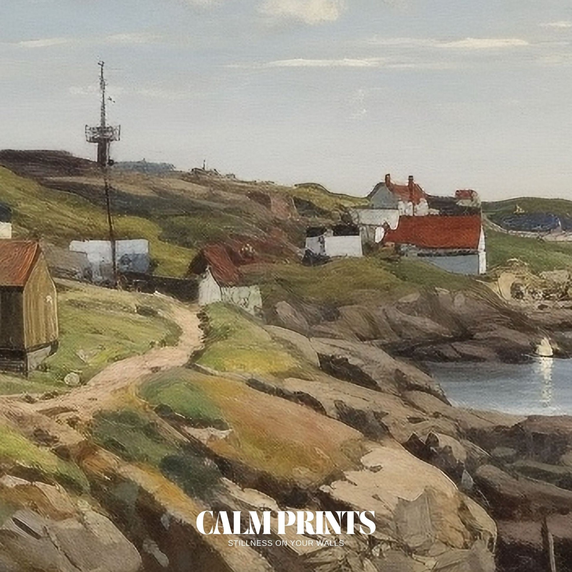 Townscape of a calm coastal village with wide sea views and sky
