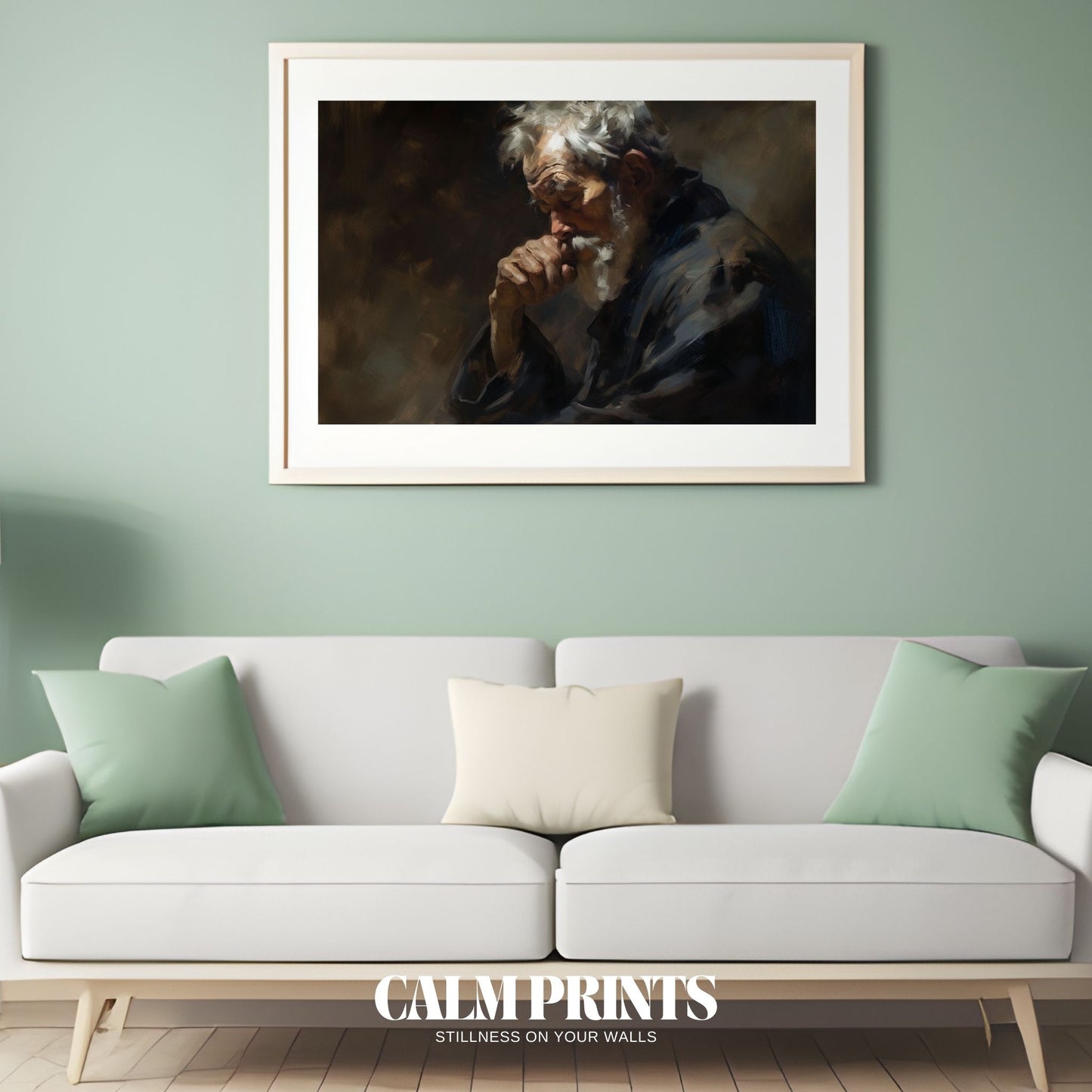 Art of a calm elderly figure in quiet thought, evoking emotion and grace
