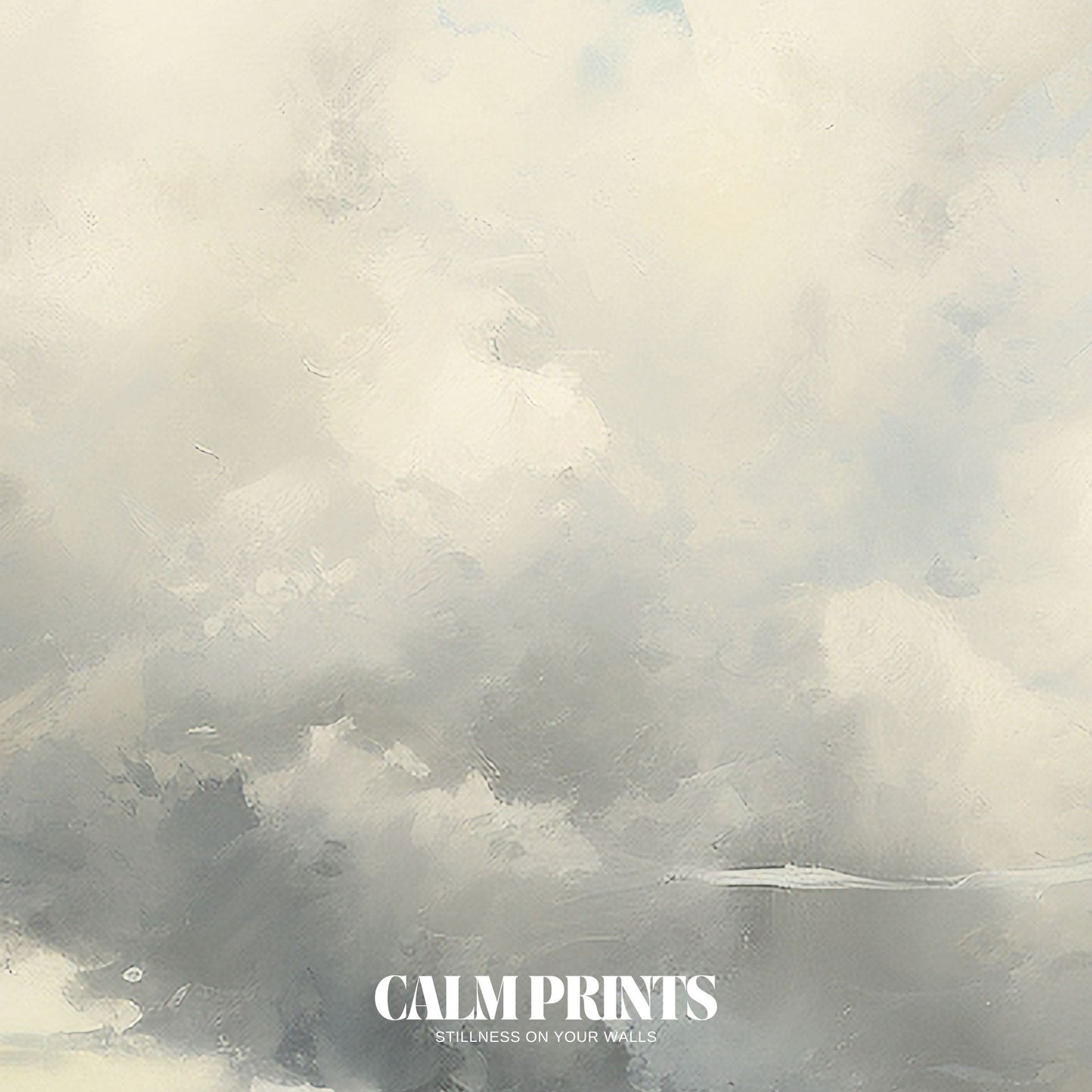 Print of a calm horizon where cloud layers stretch above quiet farmland
