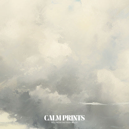 Print of a calm horizon where cloud layers stretch above quiet farmland
