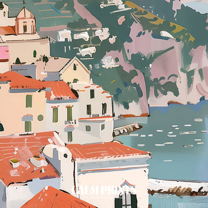 Poster of a calm ocean scene with a picturesque village in the distance
